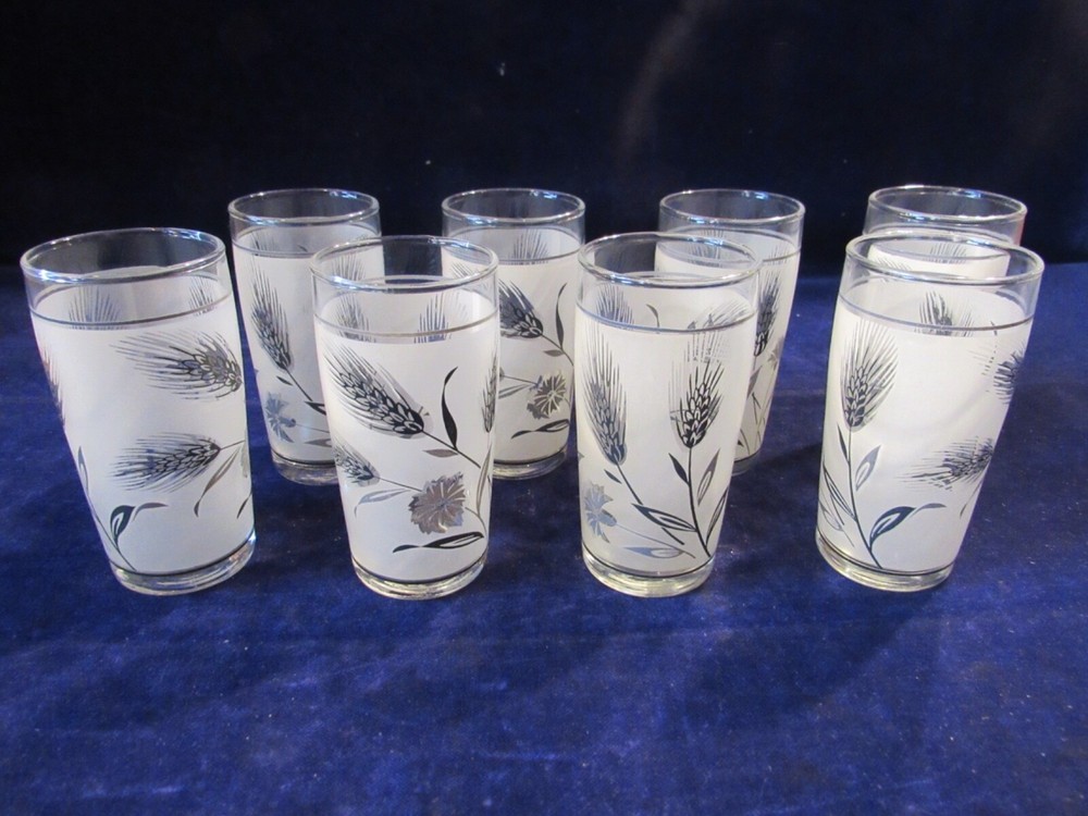 8pc Set Vtg Libbey Frosted Silver Foliage Leaf Juice Glasses ~ 5 1/2 oz Zz5
