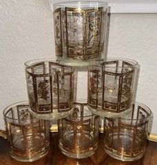 Vintage MCM Culver 22k Gold Asian Themed Low Ball Glasses Set of 6