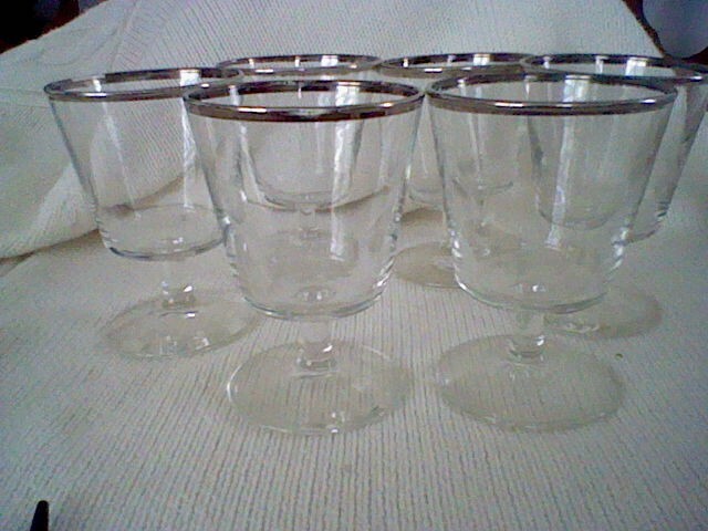 vintage 1960s set of 6 glass cocktail cups with silver trimming