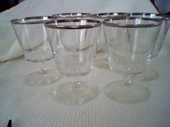 vintage 1960s set of 6 glass cocktail cups with silver trimming