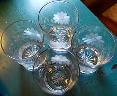 Vtg Set 4 ROYAL ALBERT Double Old Fashioned Hand Blown Glasses GRAY CUT FLOWERS