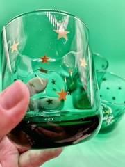 4 Vintage 90s Anchor Hocking Emerald Green Glasses Gold Star Swirl Celestial EUC