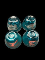 Blue Glass Silver Overlay Bird Designs Glasses Set Of 4 Rare Mexico Mayan Aztec