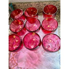 Vintage Cranberry Red Thumbprint Goblets – Mid-Century Coin Dot Glassware, set 9