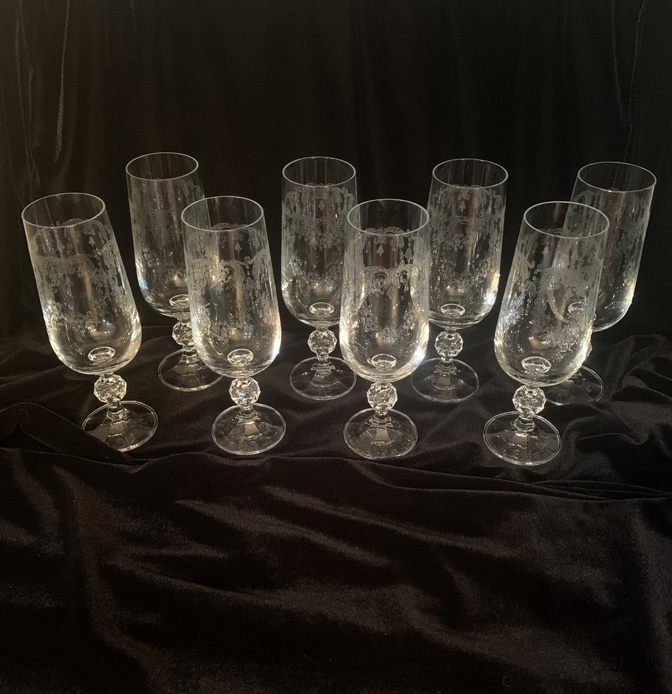 8 Fluted Champagne Glasses Vintage Wedding Cascade by Import Assoc Etching Swag