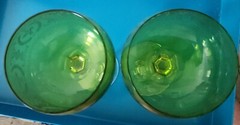 Pair of chartreuse green Val St. Lambert fleur de lis stem wine glasses Signed