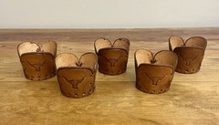 5 Vintage Libbey Bamco Western Longhorn Hand-Tooled Leather Glass Holders