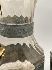Vintage Silver Pewter Etched Wine Pitcher Ewer Warszawa Smoky Glass W/5 Glasses