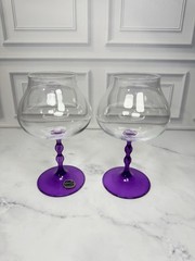 Pair Bohemia Crystal Czech Republic Amethyst Purple Stem Wine Goblets Glasses