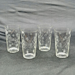 4 Etched Atomic Starburst Diamond Optic Juice Glasses 3 5/8″ H MCM EUC