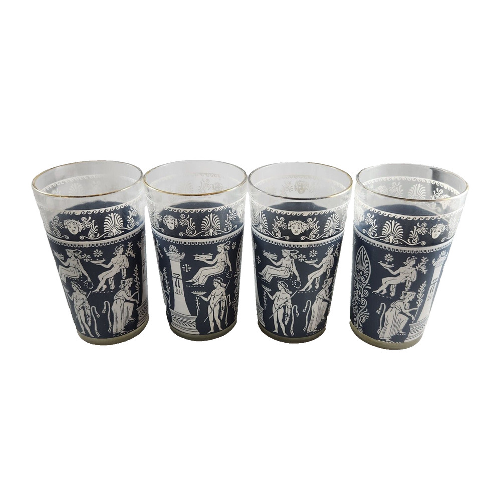 Jeanette Jasperware Set Of 4 Blue Greek Hellenic MCM Glass Tumblers
