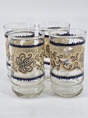 MCM 70s Blue & Gold Floral Print Juice Tumbler Glasses 4 Inches Vintage Retro