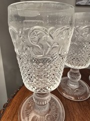 Vintage Clear Wine Water Goblet Glasses Pressed Embossed Scroll Diamond Pattern