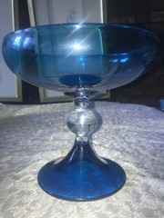 MCM Vintage EMPOLI Peacock BLUE Handblown GLASS Pedestal COMPOTE Bowl CANDY DISH