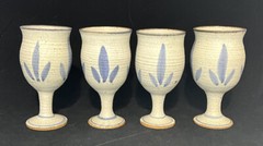 Stoneware Pottery Goblets Wine Glasses Blue And White Set of Four 6.25” Vintage