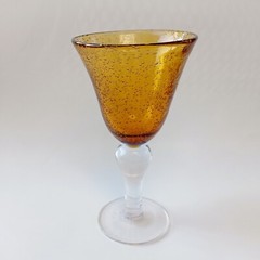 ARTLAND Amber Hand Blown Glass Wine Water Goblets Bubbled In Glass Clear Stem