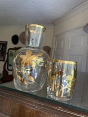 Clear & Gold Glass Bedside Carafe & Tumbler Water Set Gorgeous EUC 6” Tall