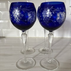 4 Bachman Traube Sapphire Blue Grape Cut To Clear Wine Glass, Made In Romania