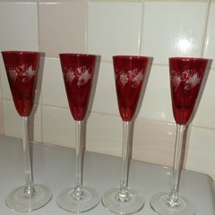 Vintage Bohemia Ruby Red Etched Grapes Set of 4 After Dinner Coctail 7.1″ tall