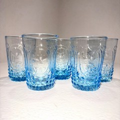 Zrike Renaissance Blue Juice Glasses Set 5 Fleur De Lis Hobnail 8oz Aqua