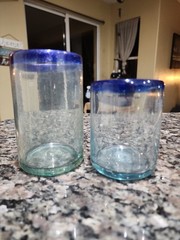 2 Mexican Hand Blown Cobalt Blue Rim Highball Glasses