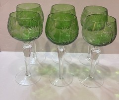 Six (6) Crystal Hock Wine Glass Green Cut-to-Clear Etched Grape 8.25″ Stems