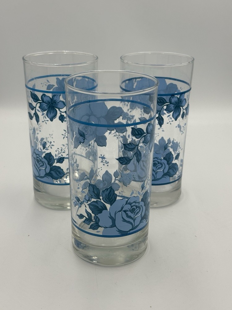 Corning Blue Velvet Tumblers Glasses Set of 3 Blue Floral 16 Oz Drinking Glasses