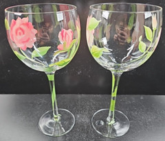 2 Block Vintage Rose Balloon Wine Glasses Mix Set Floral Hand Painted Flower Lot