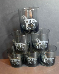 Vtg Rocks Glasses Etched Horses Set of 6 Smoke Mid Century Kentucky Derby 8 oz