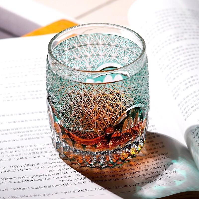 Hand Cut To Clear Whiskey Glasses Edo Kiriko Crystal Glass Tumbler Green 9oz