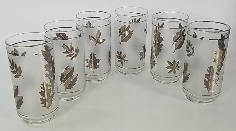 Vintage MCM Silver Leaf Frosted 6 pc Drinking Glass Set by Libbey Leaves Foliage