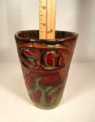 Drip Glazed Pottery Tumbler 5″ Hand Thrown Signed SG 12 Oz Shamrock Mark