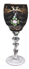 Bohemian Cut To Clear Crystal Hand Painted Goblet With Gold Trim & Floral Detail