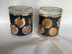 2 Libbey’s textured gold coin old fashioned glasses MCM 22k gold trim