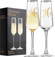 Champagne Glasses Set of 2 Tall Hand-Blown Lead-Free Crystal Bride and Groom