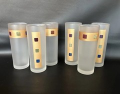 6 Vintage Retro, Mid-Century Gold Bar Frosted Tom Collins Highball glasses Rare