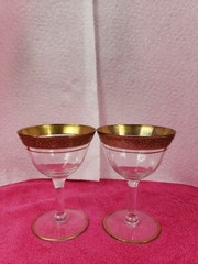 2 Vintage Tiffin Minton Gold Encrusted Stem Ware Optic Glass Liquor Cocktail