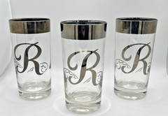 Set of 3 Silver Rim Glasses Dorothy Thorpe Monogram R 5.5” Mid Century High Ball