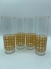 Rare Set of 4 Cane Pattern Woven Rattan Design Tom Collins Glasses Barware
