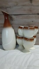 Vintage Beauceware White, Beige and Brown Wine Decanter Set with 6 Goblets