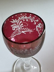 6 Vintage Bohemian Ruby Cut to Clear Crystal Cordial Glasses Leaf Fruit Design