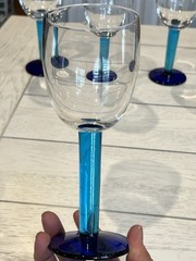 4 Vtg Teal Cobalt Blue Thick Stem Clear Bowl Blown Glass Wine Water Goblet Glass