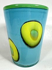 Stretched Abstract Milliefiori Green Modern Art Blown Teal Glass Drinking Pair