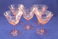 Pink Depression Glass SHERBERT Wine Cocktail Set of 5 Etched Floral Vintage