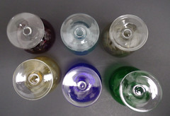 Six Moser Styled Brandy Stems Cobalt Blue, Green, Yellow, Amethyst, Smoke, Blue