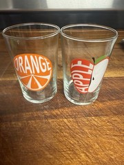 Vintage Graphic Design Juice Glasses MCM Apple Orange Luminarc Awesome Font Shot