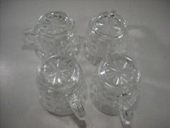 Vintage Clear Glass Punch Bowl Footed Glasses Handle Cube Block Pattern Set of 7