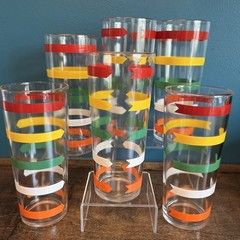 Vintage Set of 6 MCM 1960s Striped Arrow Band Drinking Glasses 6 5/8”