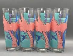 VTG 1980s Miami Palm Tree Highball Glasses Set of 4 Pastel Tropical Tom Collins