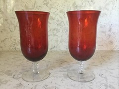 Ruby Red & Clear Swirl Stem Bell Shaped Water/Iced Tea Glasses Set of Two 16 oz